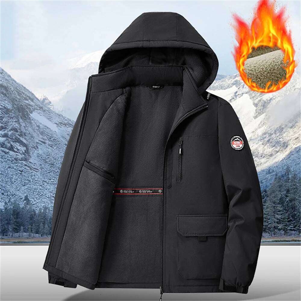 8Xl Outdoor Sports Windproof Waterproof Workwear Jacket Thickened Warm Hooded Jackets Men Fleece-Lined Epaulette Trench Coat