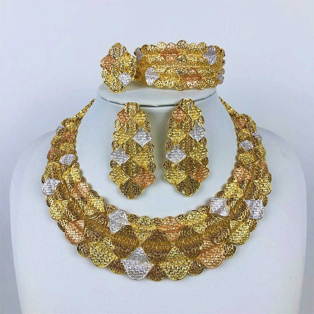 ESALE Italian Ladies Fine Jewelry Sets Gold Color Women Necklace Earrings African Big Jewelry Wedding Party Gift 251016