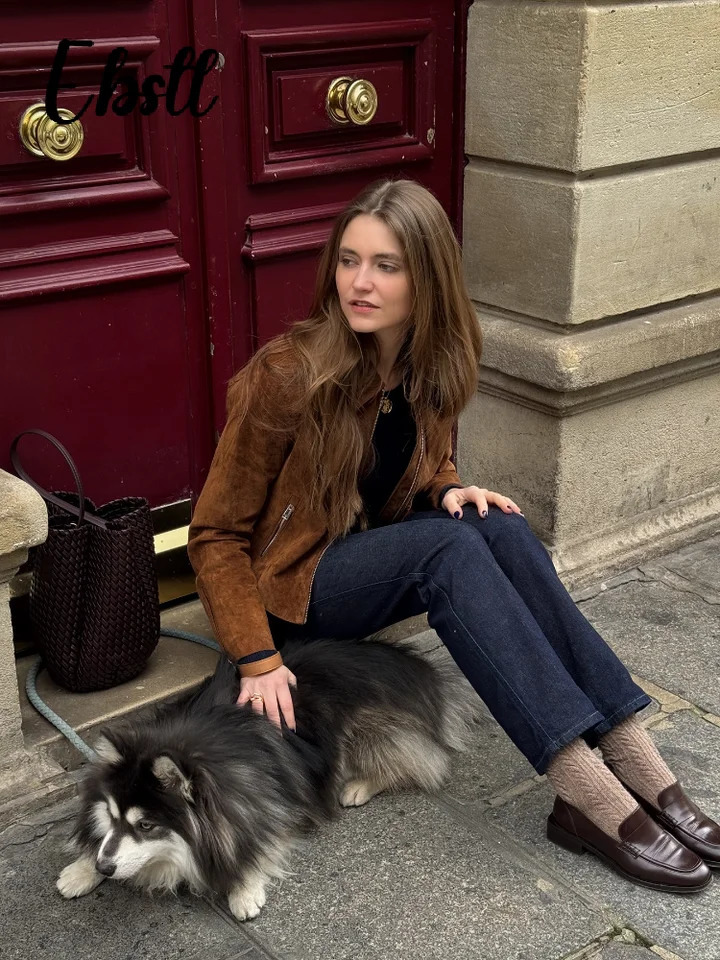 Street Suede Zippers Short Jackets Womens Vintage Lapel Full Sleeve Pocket Jacket 2025 Autumn Winter Lady Casual Outwear 251010