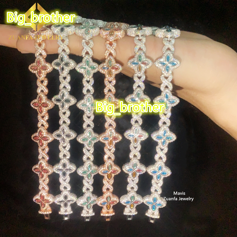 Iced Out Hip Hop 15MM 925 Sterling Silver Infinity Colored Moissanite Clover Bracelet Custom Cuban Link Bracelets for Men