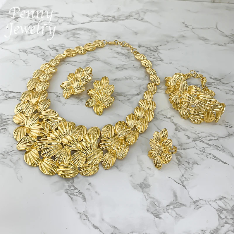 Textured Collar Necklace Drop Earrings Bracelet Ring Big Size Choker Gold Plated Jewelry Set Bridal Wedding Party Gifts 251016