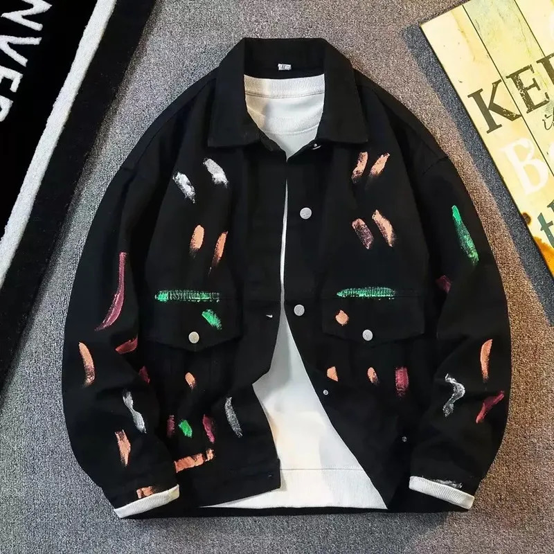 Autumn and Spring Fashion Trend Printed American Vintage Black Denim Jacket Mens Casual Loose Sports Plus Size Coat M3XL 251014