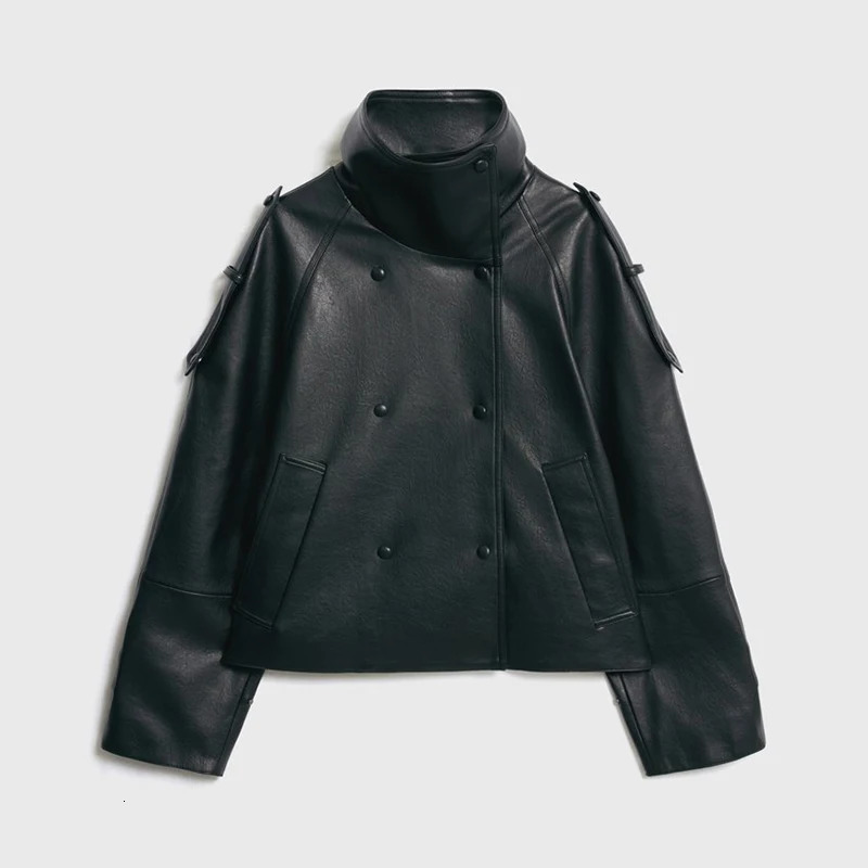 Black Stand Collar Womens Leather Jacket Loose Long Sleeve Zipper Pockets Motorcycle PU Coats 2025 Autumn Lady Outerwear 251016