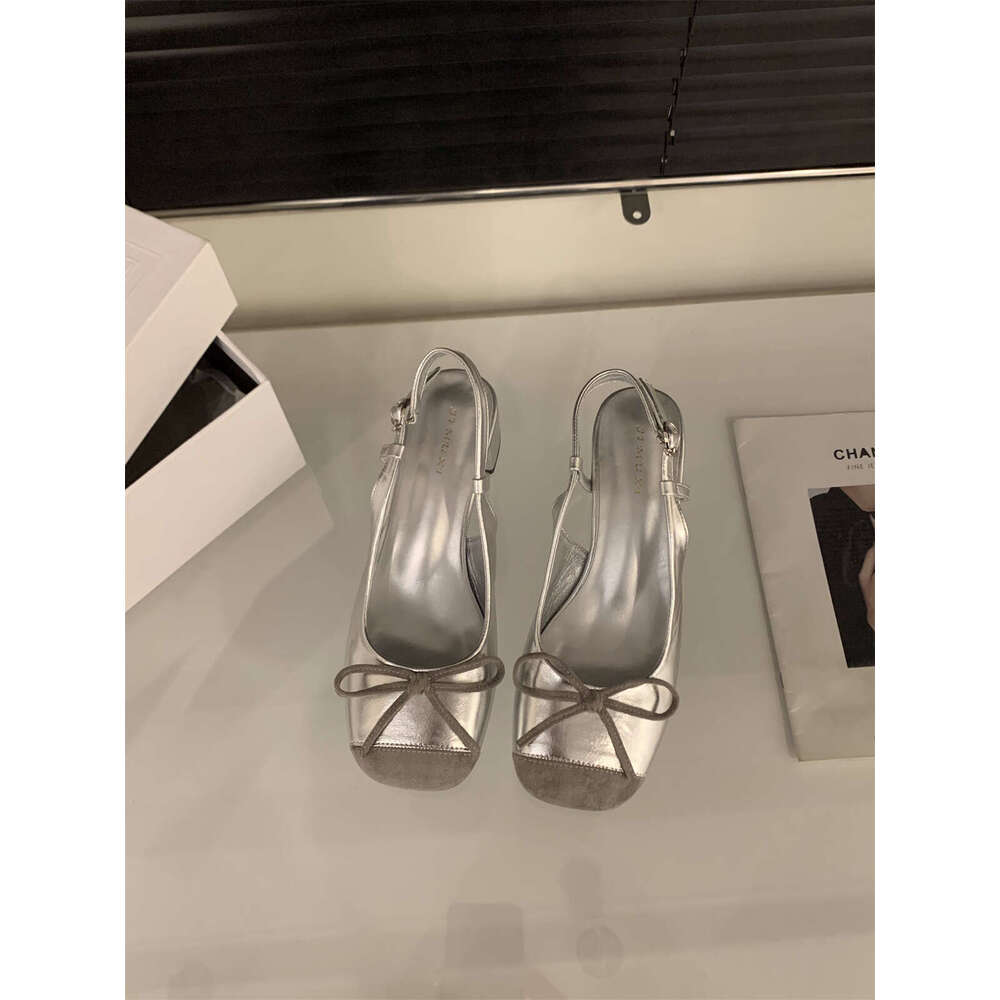 French Style Mid-High Heel Silver Closed-Toe Sandals Fairy 2025 New Spring Designer Shoe Summer Bowknot Dress Shoes