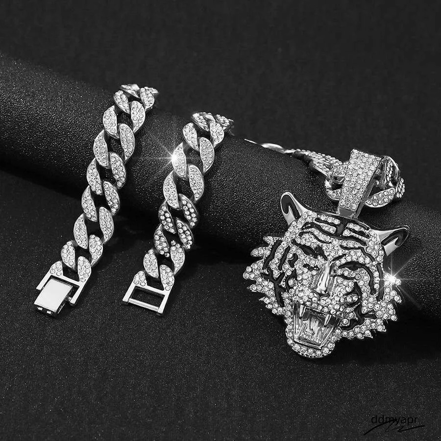 Men's Hip-Hop Tiger Pendant Necklace: Alloy Cuban Chain With 3D Full Dia Style Ddmyapr