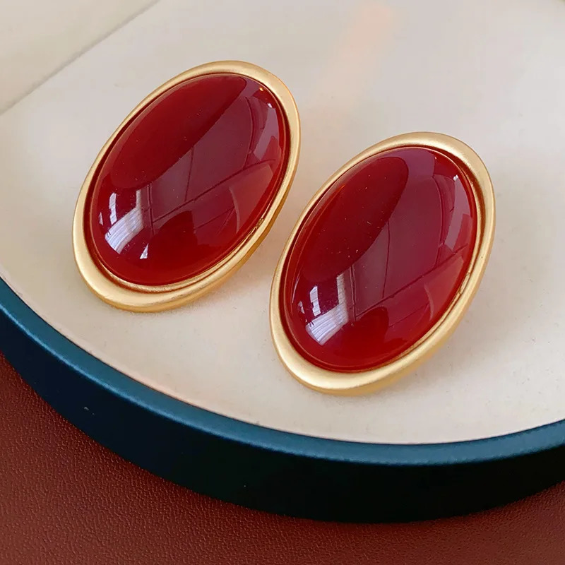 Vintage Red Resin Womens Earrings Stud Earrings large Geometric Oval earrings Party Wedding Ear Jewelry Wholesale 251013