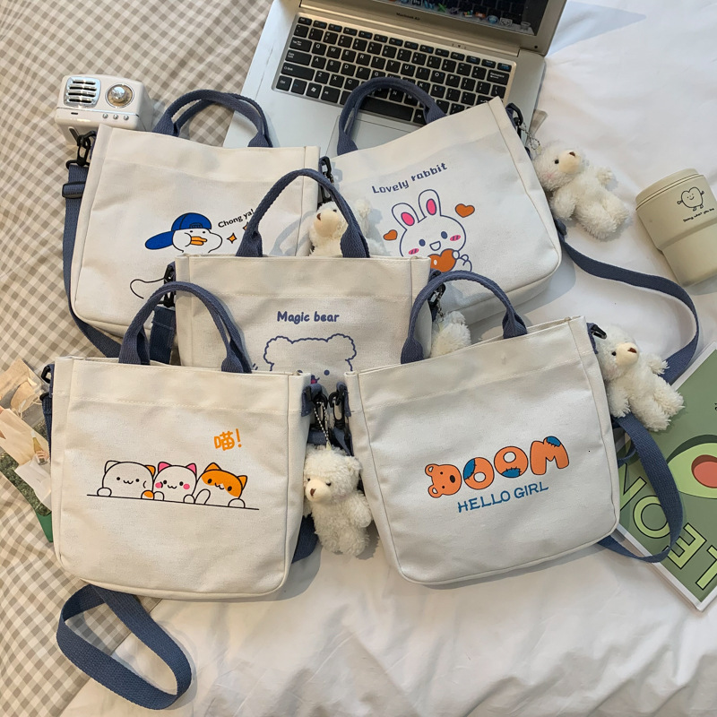 New designer summer women's canvas small bag fashionable single shoulder canvas bag cute animal girl slanted body hot selling small square bag