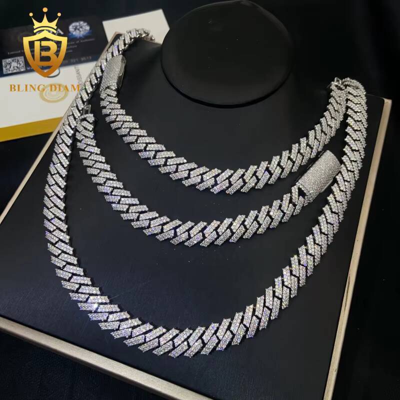 In Stock HipHop Style S925 Moissanite 12mm Cuban Chain Pass Diamond Tester Iced Out Moissanite Necklace Chain Silver with GRA