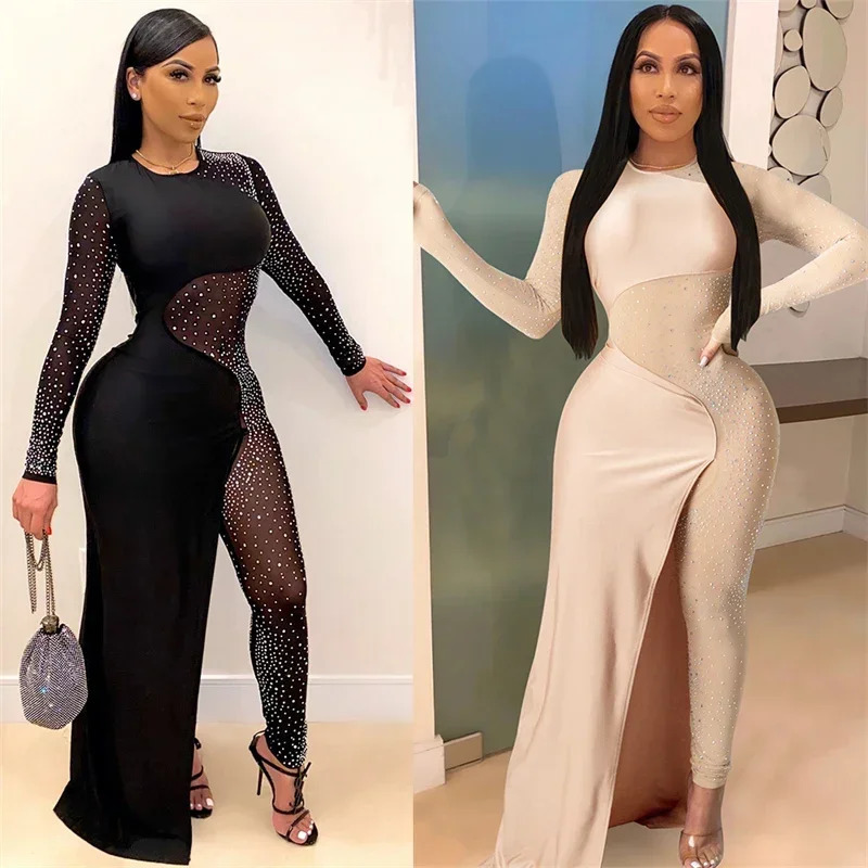 Sexy Rhinestone Jumpsuits for Women Long Sleeve Sheer Mesh Patchwork Skinny Night Party Club Romper Overalls Birthday 251016