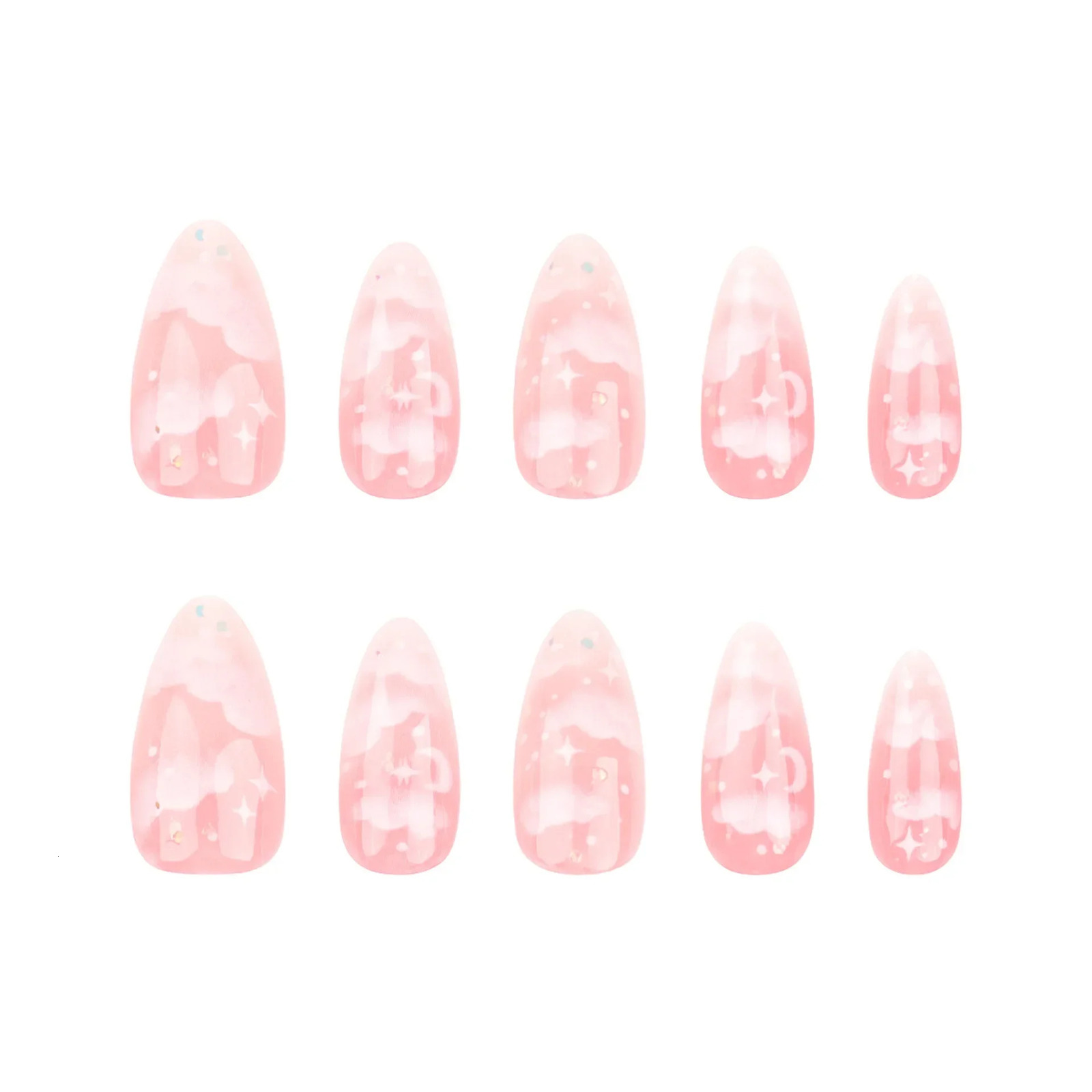 24Pcs Pink Cloud Sweet Star Moon Acrylic Nails Press on Almond Wearable Full Cover False Nails Art Tips Fingernail Beauty 251015