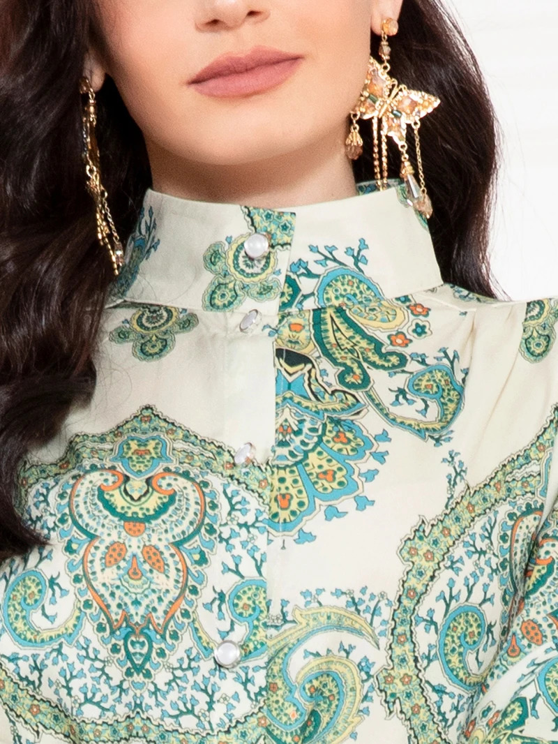 Elegant style High collar Flowers Belt Shirt sleeve Mid Long Dresses Mint green 251017