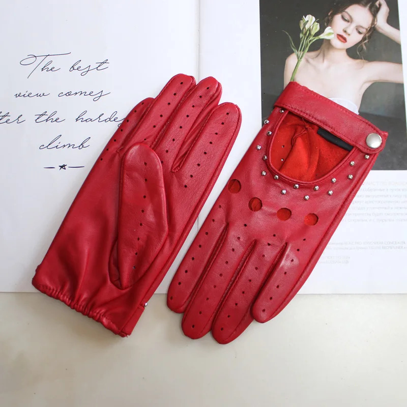 Womens Sheepskin Gloves Thin Unlined Rivet Style Colored Driving Leather Gloves 251015