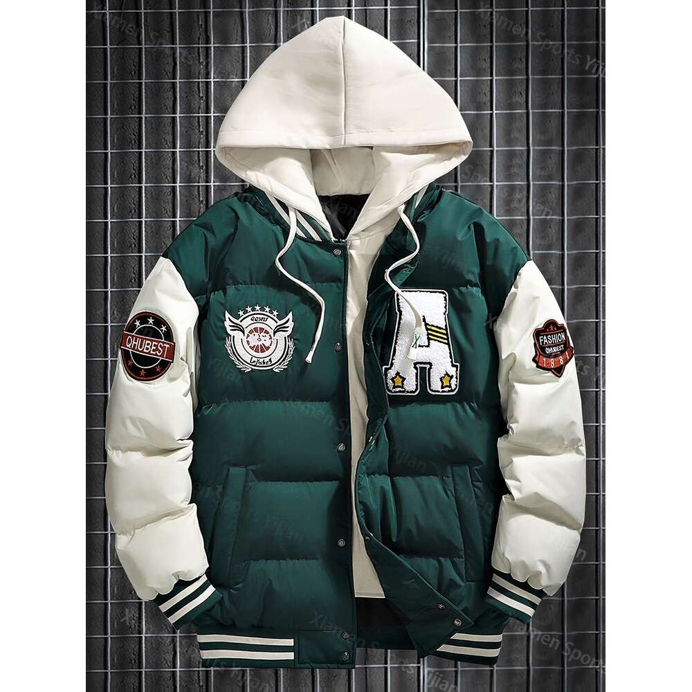 Men's Women's Heavyweight Hooded Red White Color Block Baseball Coat With Front Zipper Closure, Non-Stretch Fabric Outerwear Couples, Casual