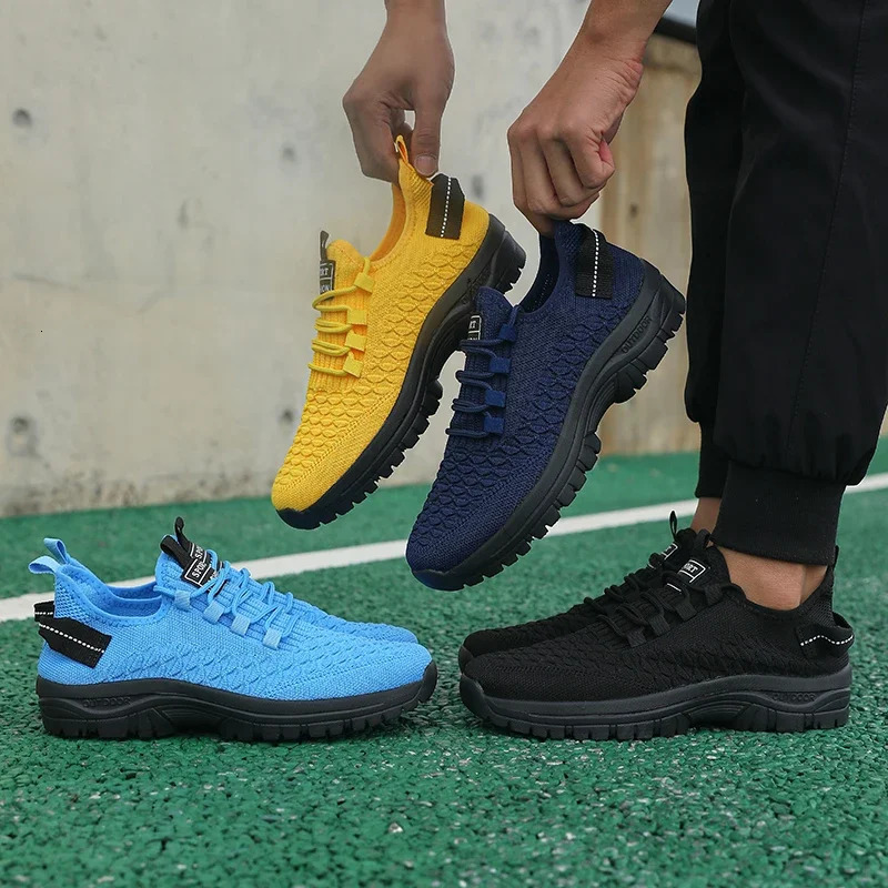 Mens Bright Yellow Outdoor Sneakers Breathable Mesh Construction Shock Absorbing Sports Shoes Stylish Trendy Adventure Footwear 251013