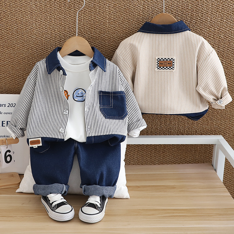 Boys' Spring and Autumn Set 2025 New Style Infant and Children's Long Sleeve Western Style Three piece Cowboy Set with Vertical Strips free 