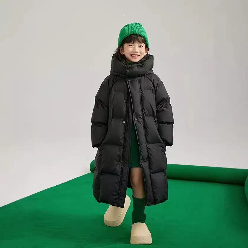 Winter Children Warm Down Jacket Teen Solid Color Thick Hooded Zipper Coat Kid Boys Girls Long Cottonpadded Clothes 251015