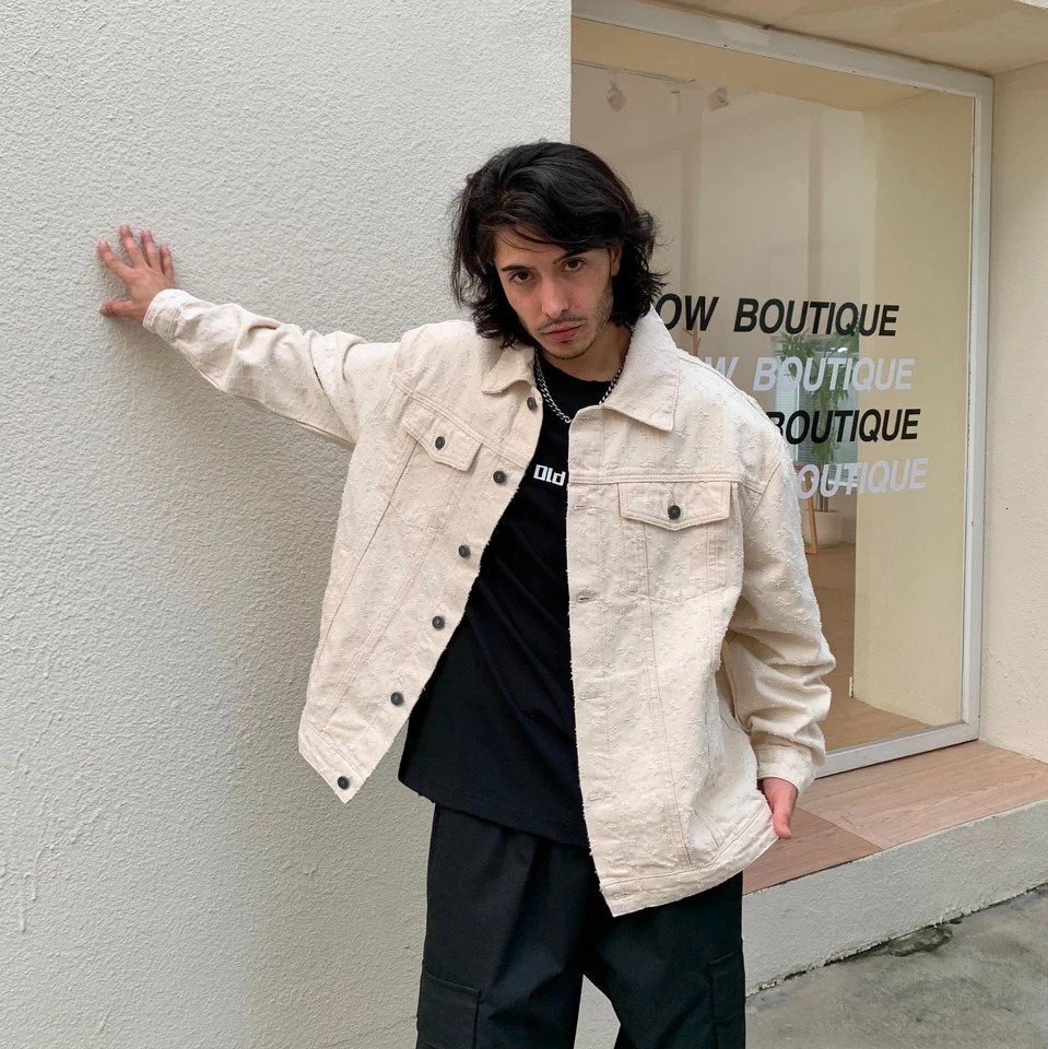 European Autumn Winter Ivory White Denim Coats For Men Jacquard Pattern Ripped Washed Male Oversized Jeans Jackets 251014