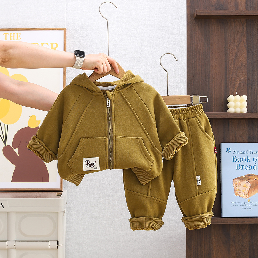 Boys' Plush Set 2025 Stylish New Children's Winter Boys' Baby Autumn Winter Solid Color Zipper Two Piece Set Trendy Free Shipping