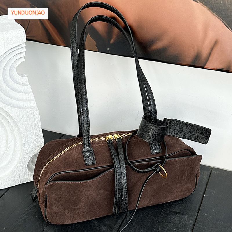 Matte texture women's shoulder bag cowhide bowling bag genuine leather 2025 new luxury commuting handbag autumn and winter new designer bag