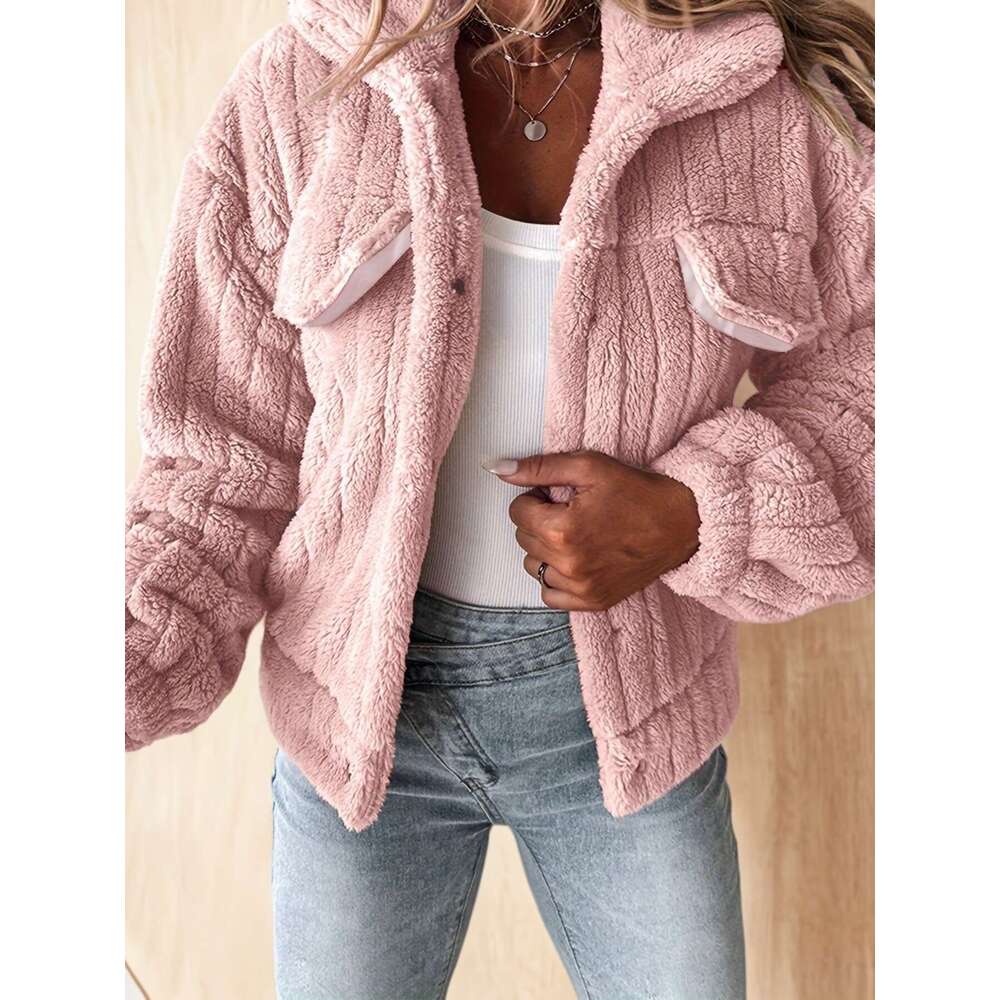 Pink Jacket Soft Pink Women's Plush Casual Jacket Hine Washable Stand-Up Collar Button Front Winter Coat | Fall/Winter Outerwear For Everyday Com