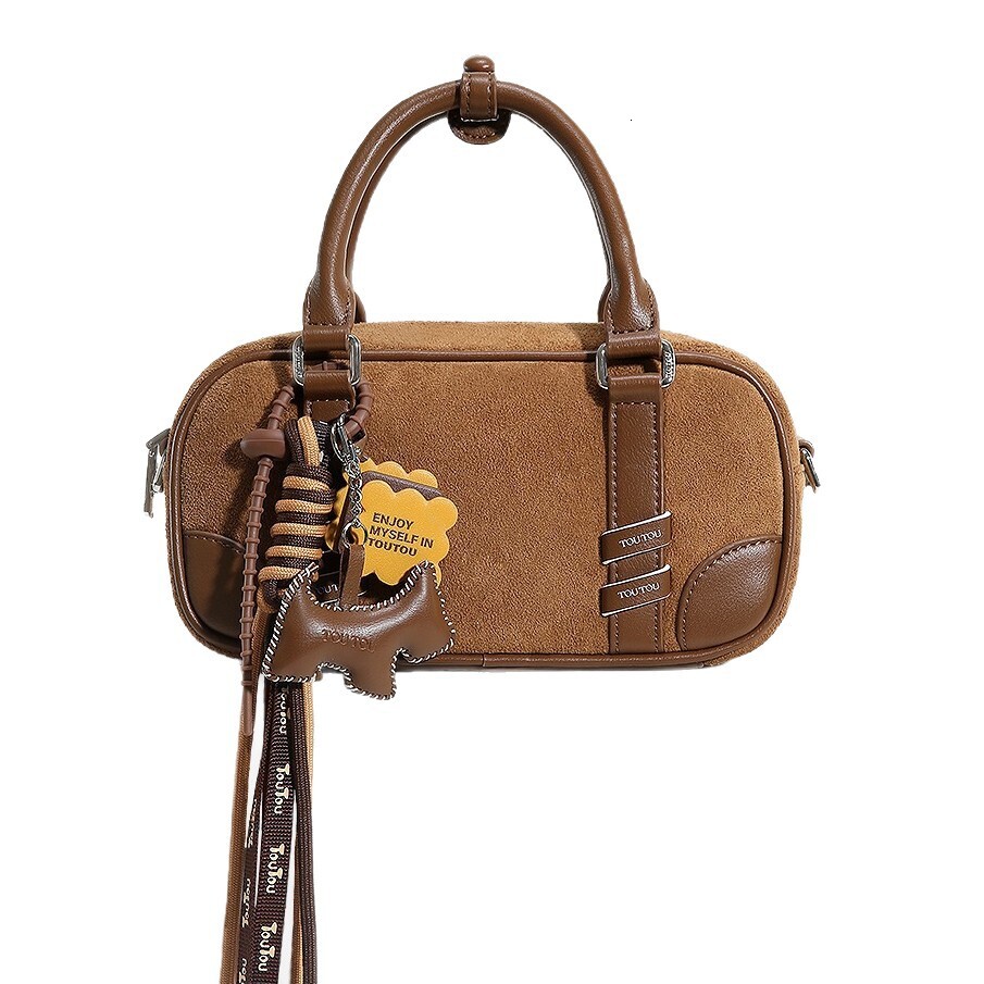 Designer's new suede patch Boston bowling bag large capacity handbag cute one shoulder crossbody hot selling trendy women's bag