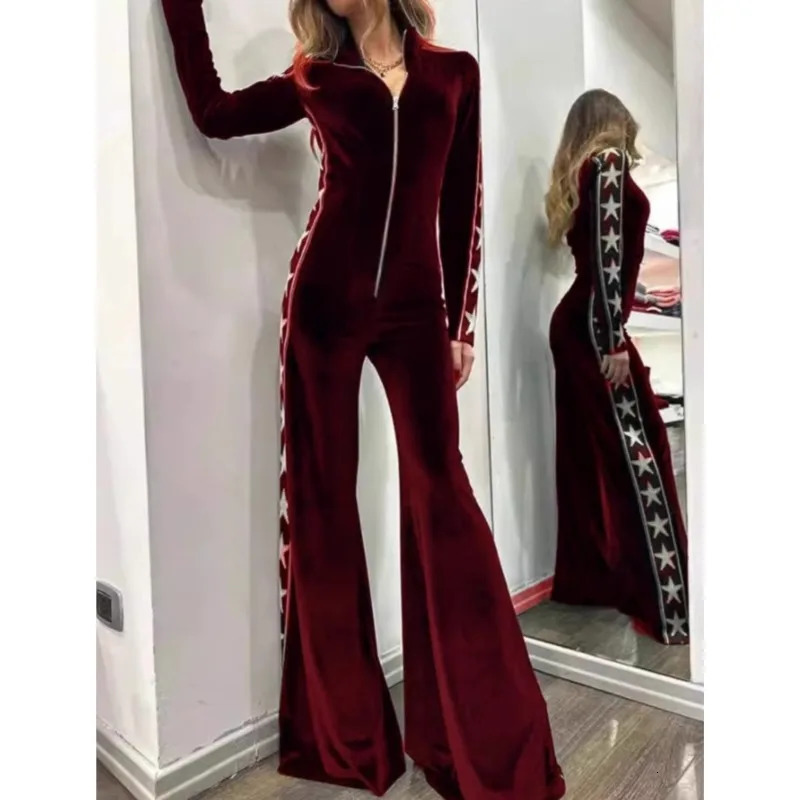 Fashion Patchwork Long Pants Romper Womens Autumn Highneck Zipper Longsleeved Microtrumpet Romper Elegant Jumpsuits 251016