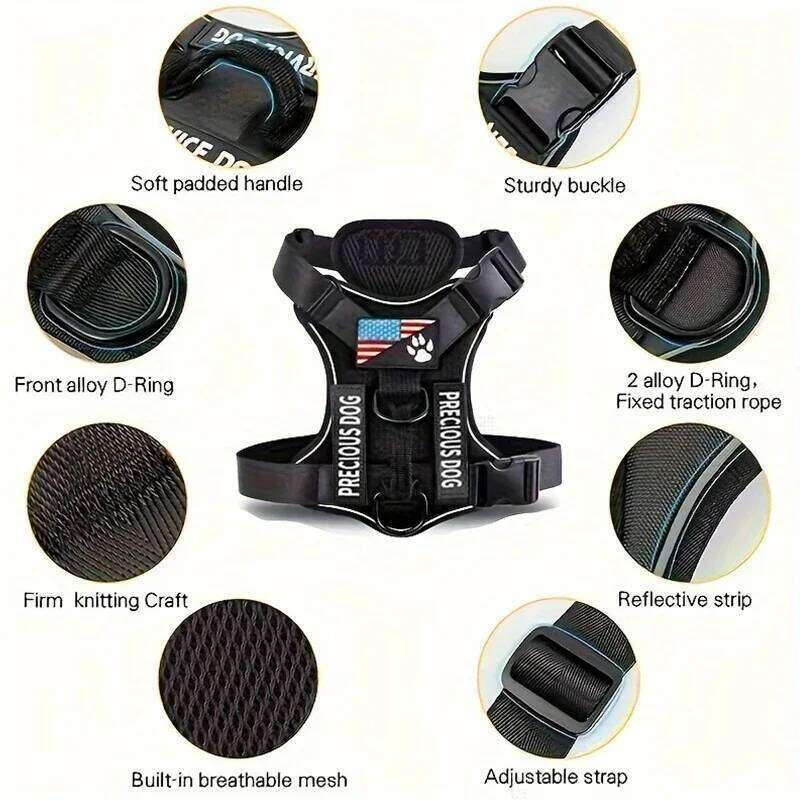 Reflective Vest Service Dog Harness with 5 PCS Patches, Adjustable Soft Oxford Pet Harness, Inner Layer Mesh, Easy