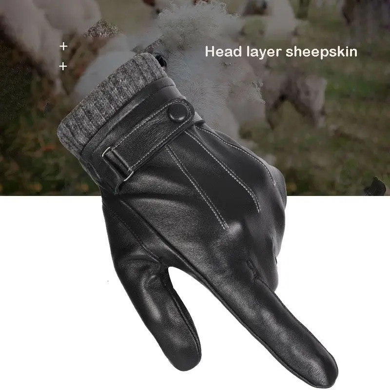 Winter Genuine Sheepskin Leather Gloves Men Warm velvet lined Full Finger Touchscreen Outdoor Cycling Driving Motorcycle Gloves 251015
