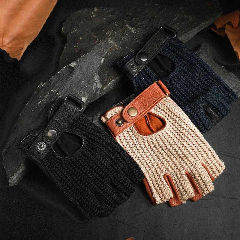Mens Retro Motorcycle Fingerless Leather Gloves for Driving and Riding Knitted Breathable HalfFinger Gloves 251015