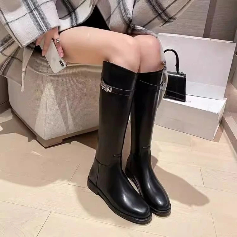 Black Leather Elegant with Low Heels Ladies Knee High Shaft Shoes Trend in Comfortable Rock Y2k Womens Long Boots 251017