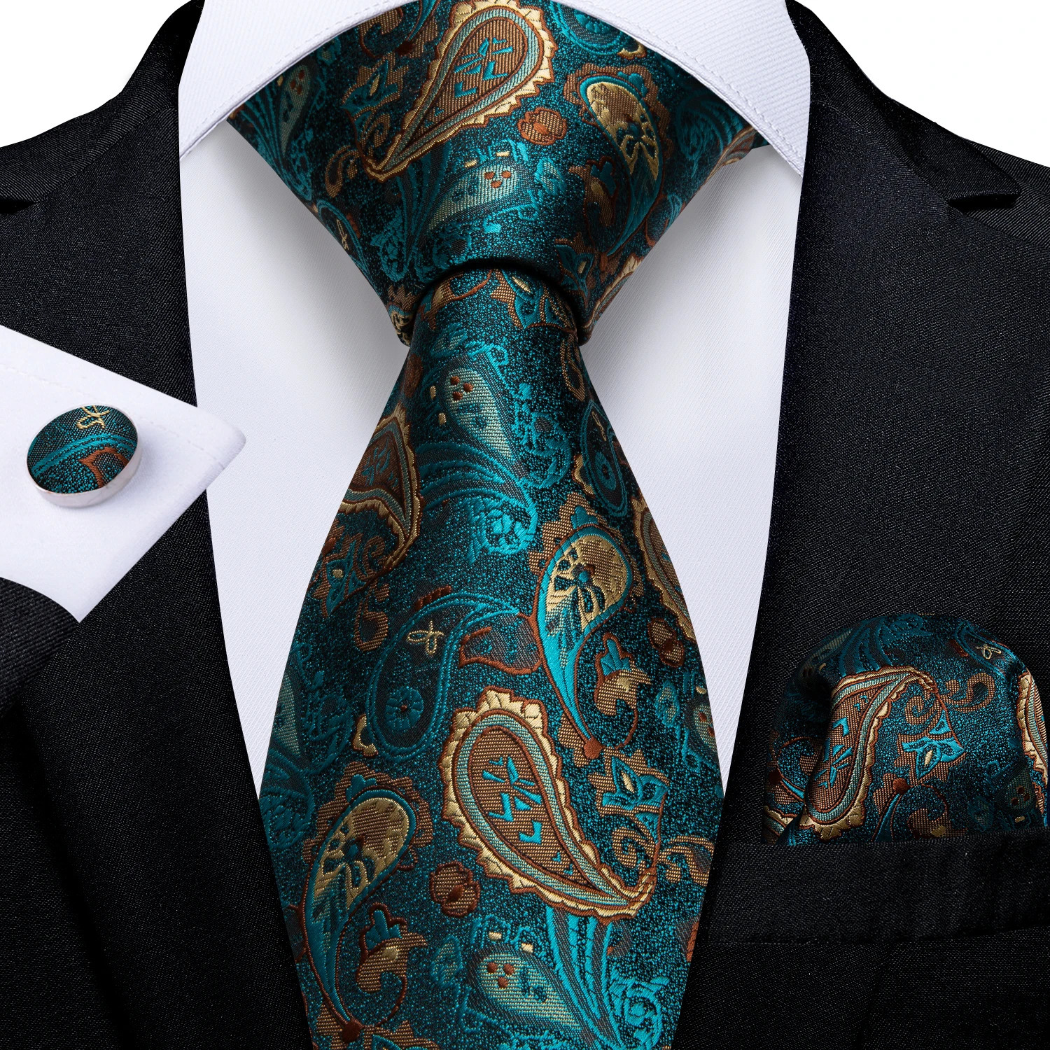 8cm Mens Silk Polyester Ties Pocket Square Cufflinks Green Gold Paisley Wedding Party Accessories Necktie Gift 251014