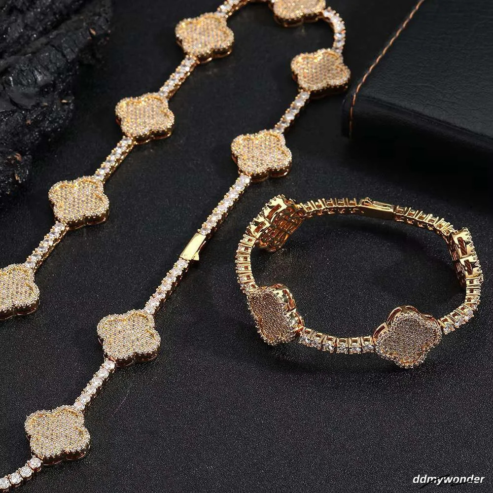 Hip Hop Fine Jewelry Four-Leaf Clover Tennis Necklace Women Gold Plated 3A Zircon Iced Out Bling Dia Chain Ddmywonder