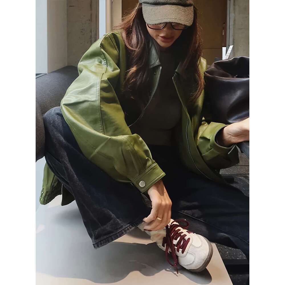 Women's Olive Green Retro Street Style Jacket - Loose Fit Drop Shoulder Zip-Up Casual Coat With H-Silhouette, Long Sleeves & Solid Color Design F