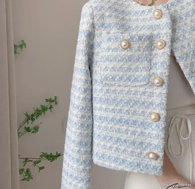 Cropped Cardigan: Elegant Single-Breasted Autumn/Winter Pearl Button Long Sleeve Outwear Top - Perfect For Chic Style, Ladies Blue Tweed Jacket Ddmywo