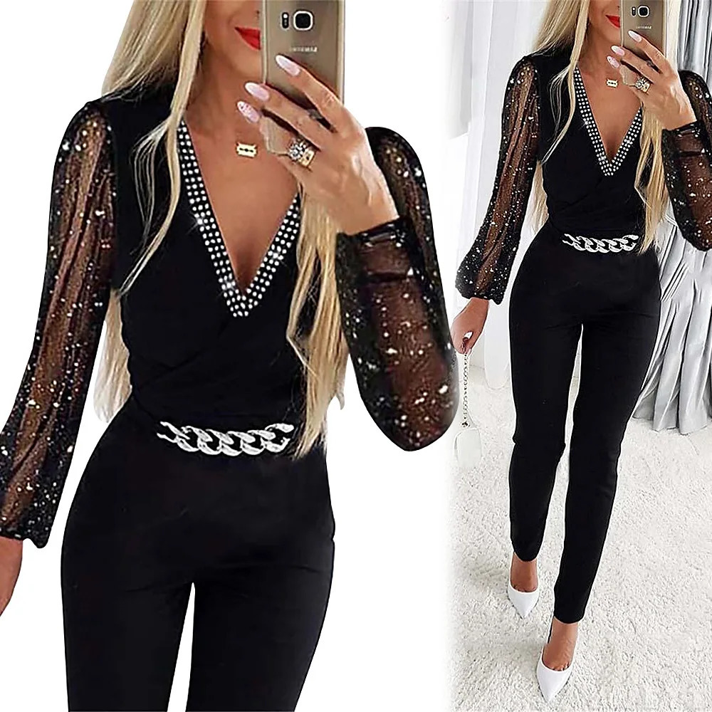 Jumpsuits Women One Piece V Neck Full Sleeve Tight High Waist Overalls Casual Sheath Long Pencil Pants Rompers Slim Fit Y2k 251016