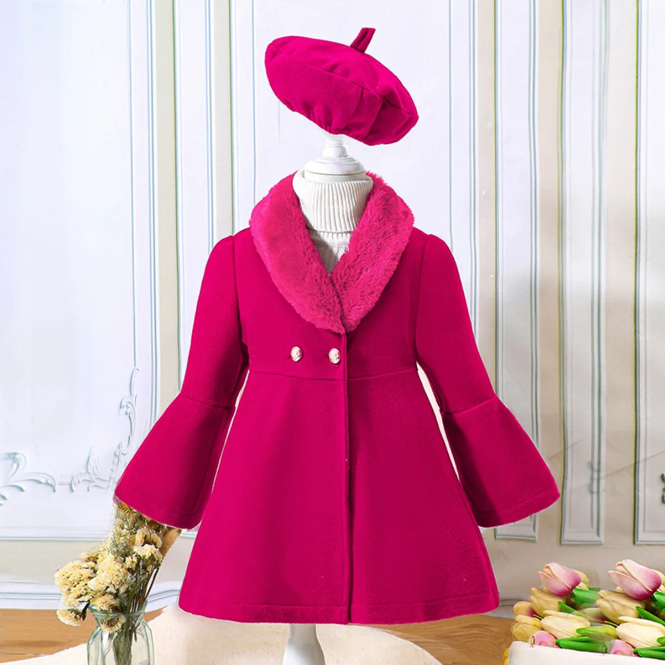 Girls Winter Solid Color Fashion Long Flare Sleeves Versatile Warm Polo Collar Coat with Spliced Fleece Collar Coat 251015