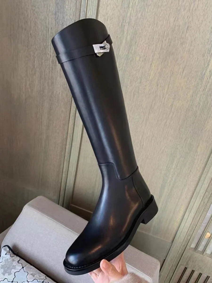 Black Leather Elegant with Low Heels Ladies Knee High Shaft Shoes Trend in Comfortable Rock Y2k Womens Long Boots 251017