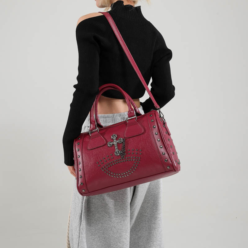 Luxury Brand Designer Bag Large Capacity Punk Style Commuter Boston Cylinder Handbag For Women, Niche Rivet Shoulder Bag