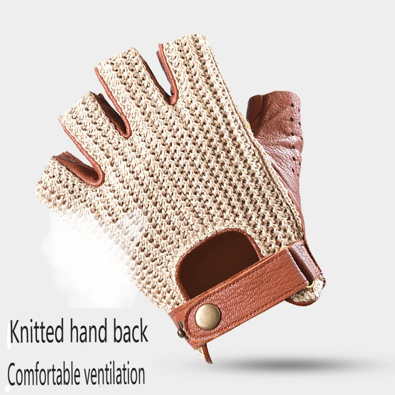 Mens Retro Motorcycle Fingerless Leather Gloves for Driving and Riding Knitted Breathable HalfFinger Gloves 251015