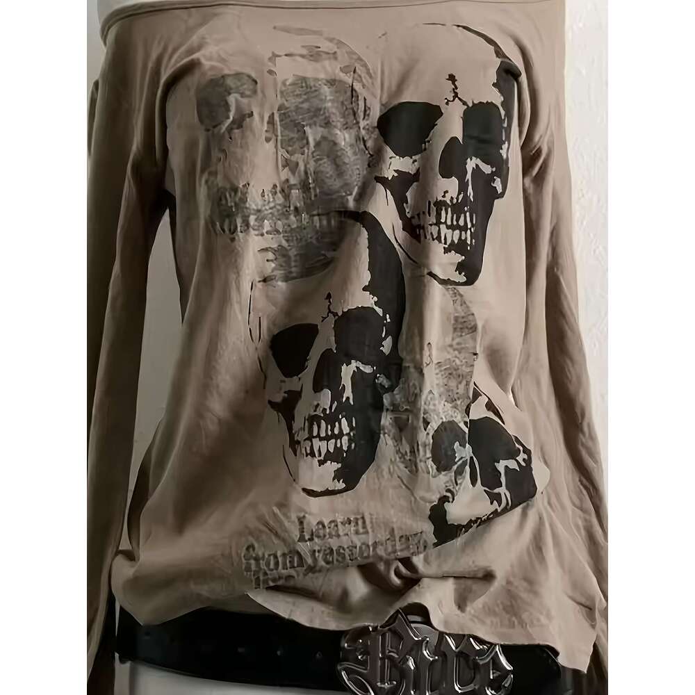 Gothic Skull Print Off-Shoulder Long Sleeve T-Shirt For Women - Black With White & Gray Design, Soft Polyester Fabric, Casual Streetwear Style,
