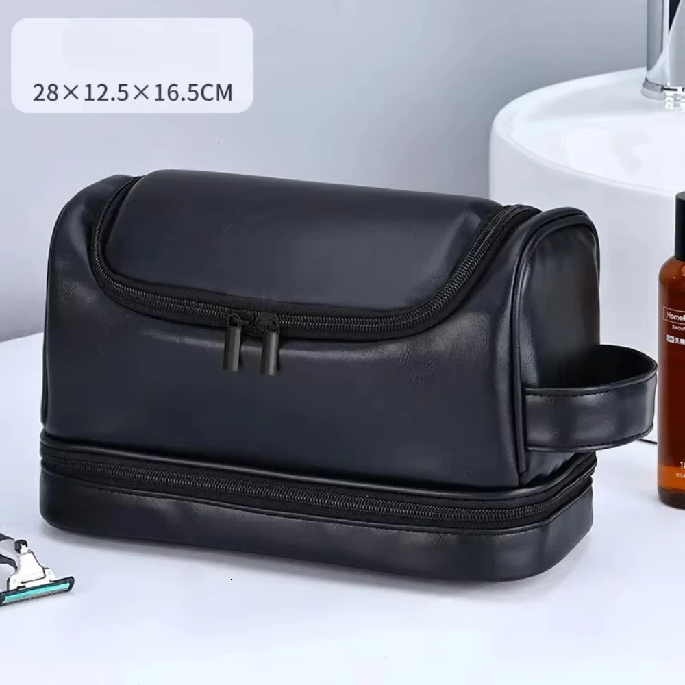 Large Hanging Toiletry Cosmetic Travel Bags for Men Women Leather Travel Bags with Hanging Hook Toiletries Bathroom Shaving Bags 251011