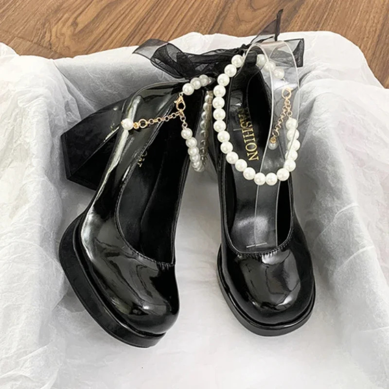 Women High Heels Elegant Bow Square Toe Women Mary Jane Shoes Pearl Lace Party Wedding Shoes Fashion Platform Women Pumps 251010
