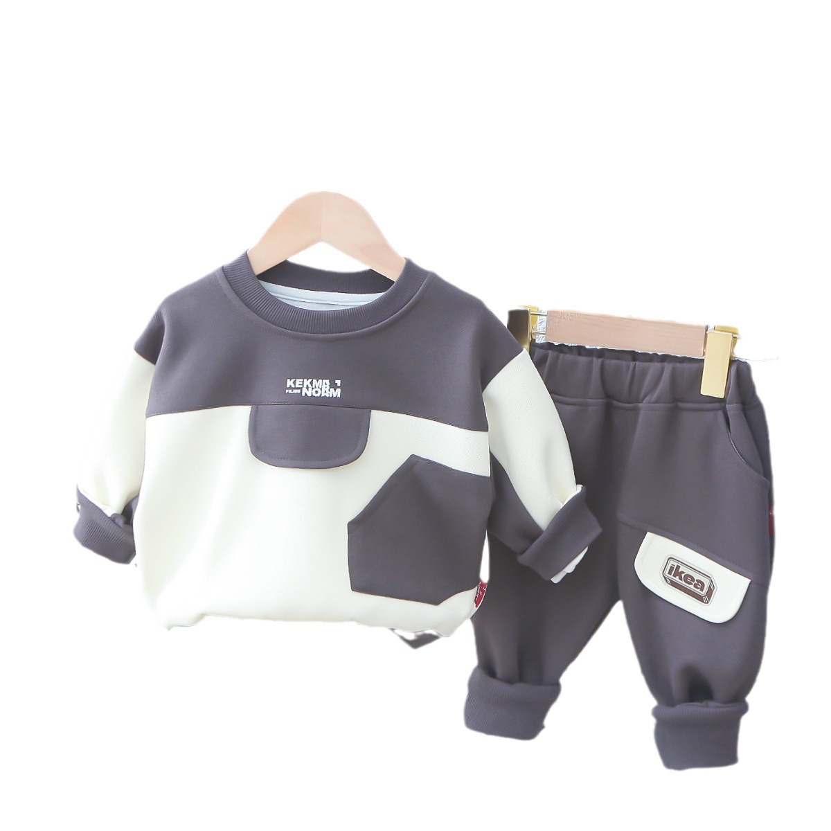Baby clothes autumn new handsome boys' patchwork contrasting color hoodie two-piece set 7-9 months 1-2 years old baby