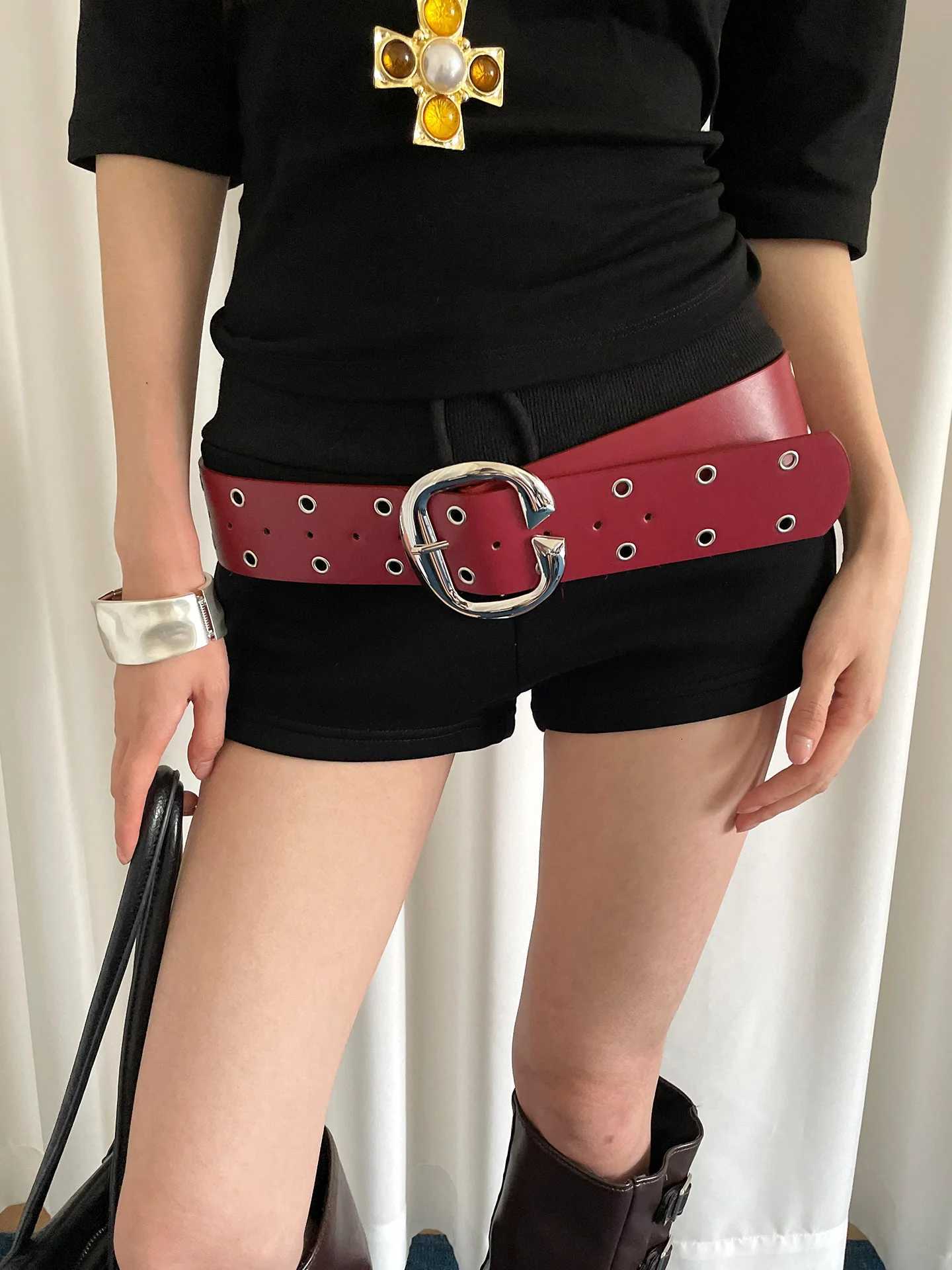 Heavy Industrial Punk Style DoubleRow Hole Decoration Wide Version Belt For Women A Niche And Versatile Leather Belt W251018