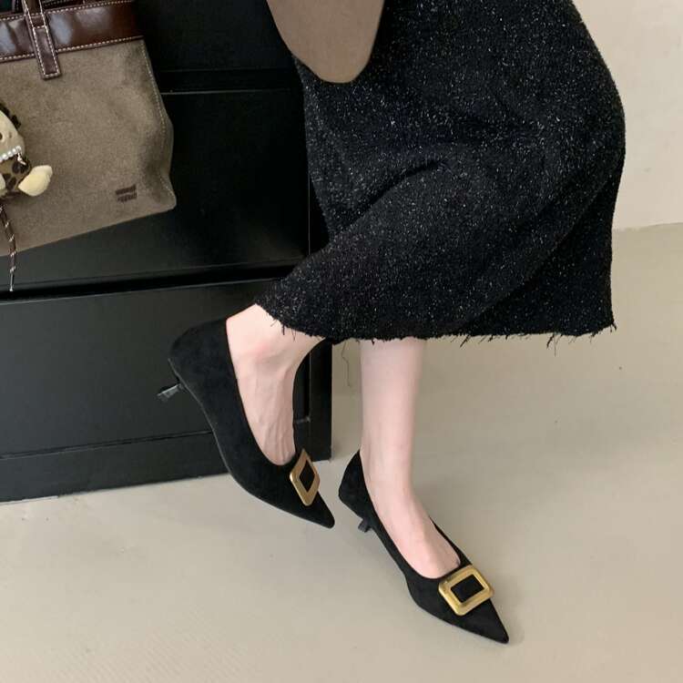 Pointed Toe Suede Elegant Designer Shoe Single Shoes for Women Slimming, Metal Buckle Shallow Mouth Kitten Heels