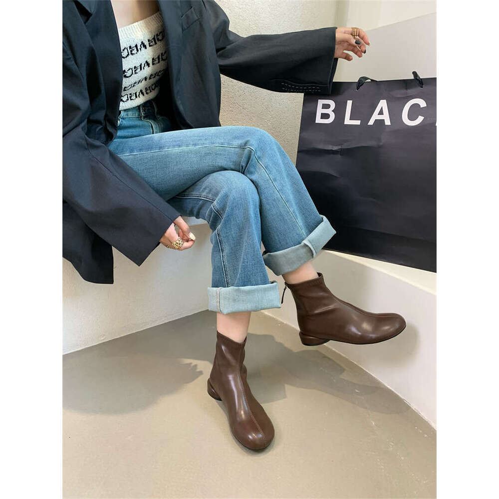 Round Toe Slim Thick Heel Ankle for Women 2025 Autumn Winter Designer Shoe Versatile Back Zipper Short Soft Leather Niche Martin Boots