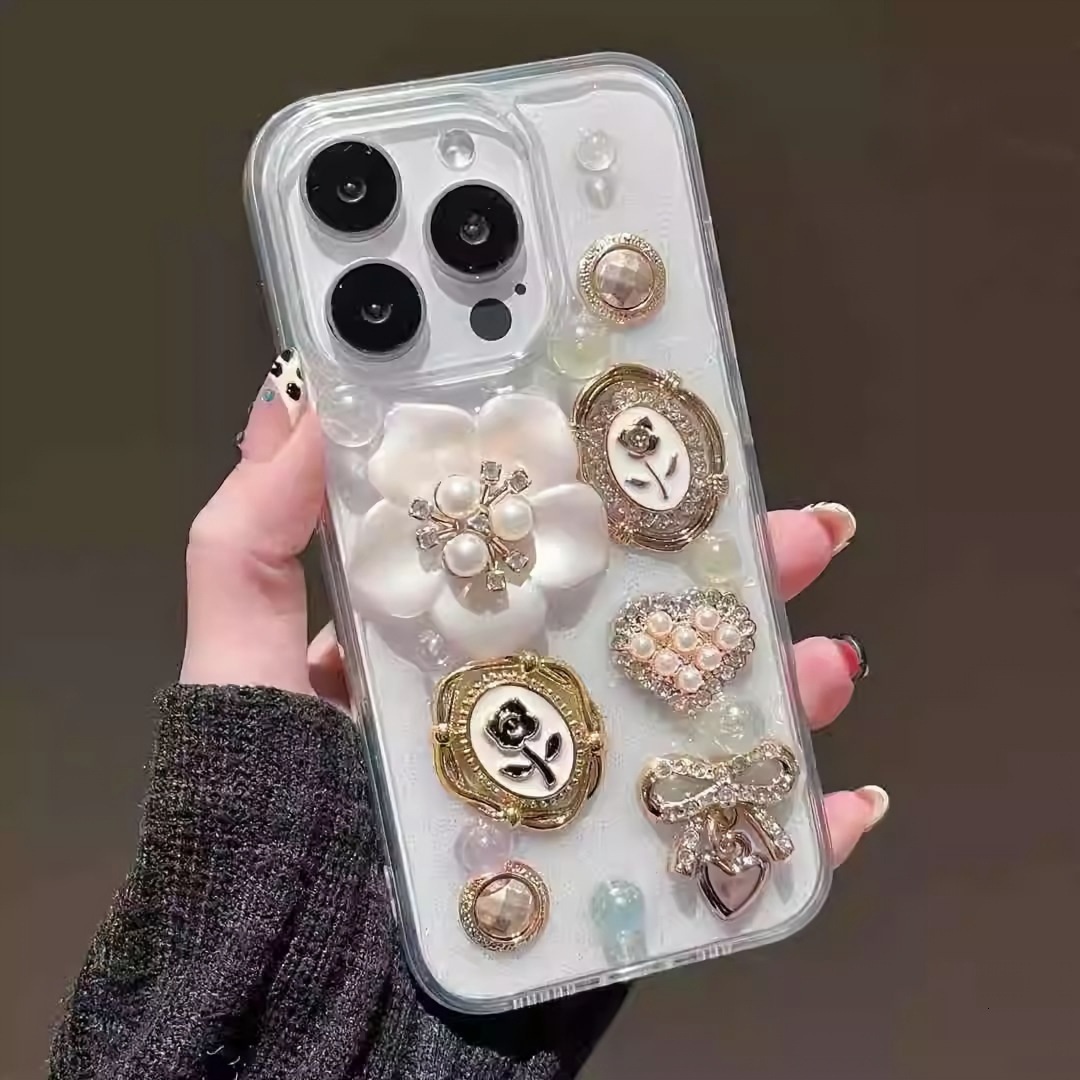 Compatible with iPhone 17 Pro Max Case 3D Camellia Flower Gem Case Bling Glitter Clear Case for Girls Women Cute Sparkly Shiny Crystal Girly Luxury Fa