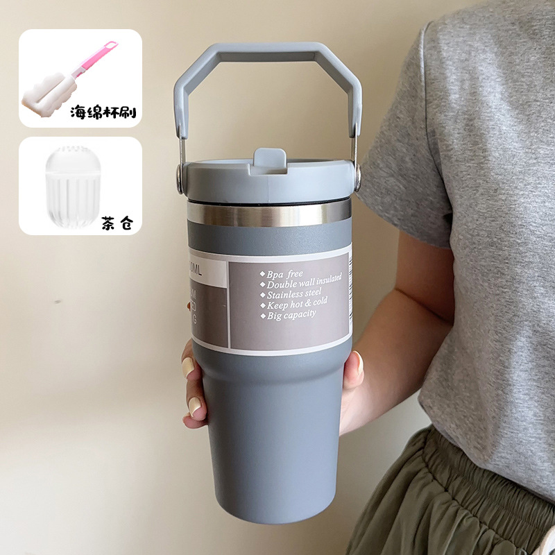 large capacity portable car cup stainless steel thermos cup with straw handle travel sports water bottle vacuum flask