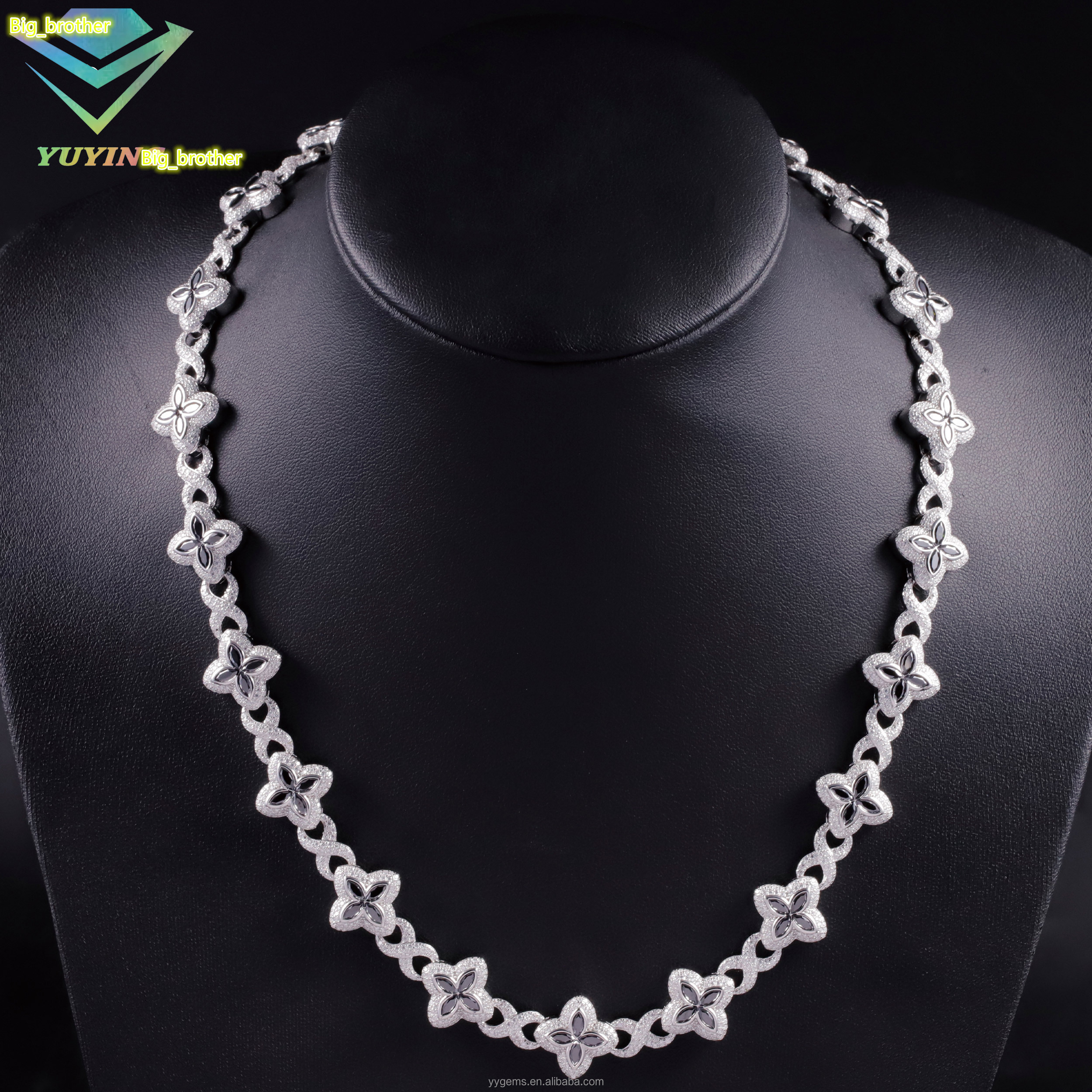 Yu Ying Black Diamond Marquise Moissanite 18K Gold Plated 925 Sterling Silver Four Leaf Clover Infinity Cuban Link Chain Jewelry