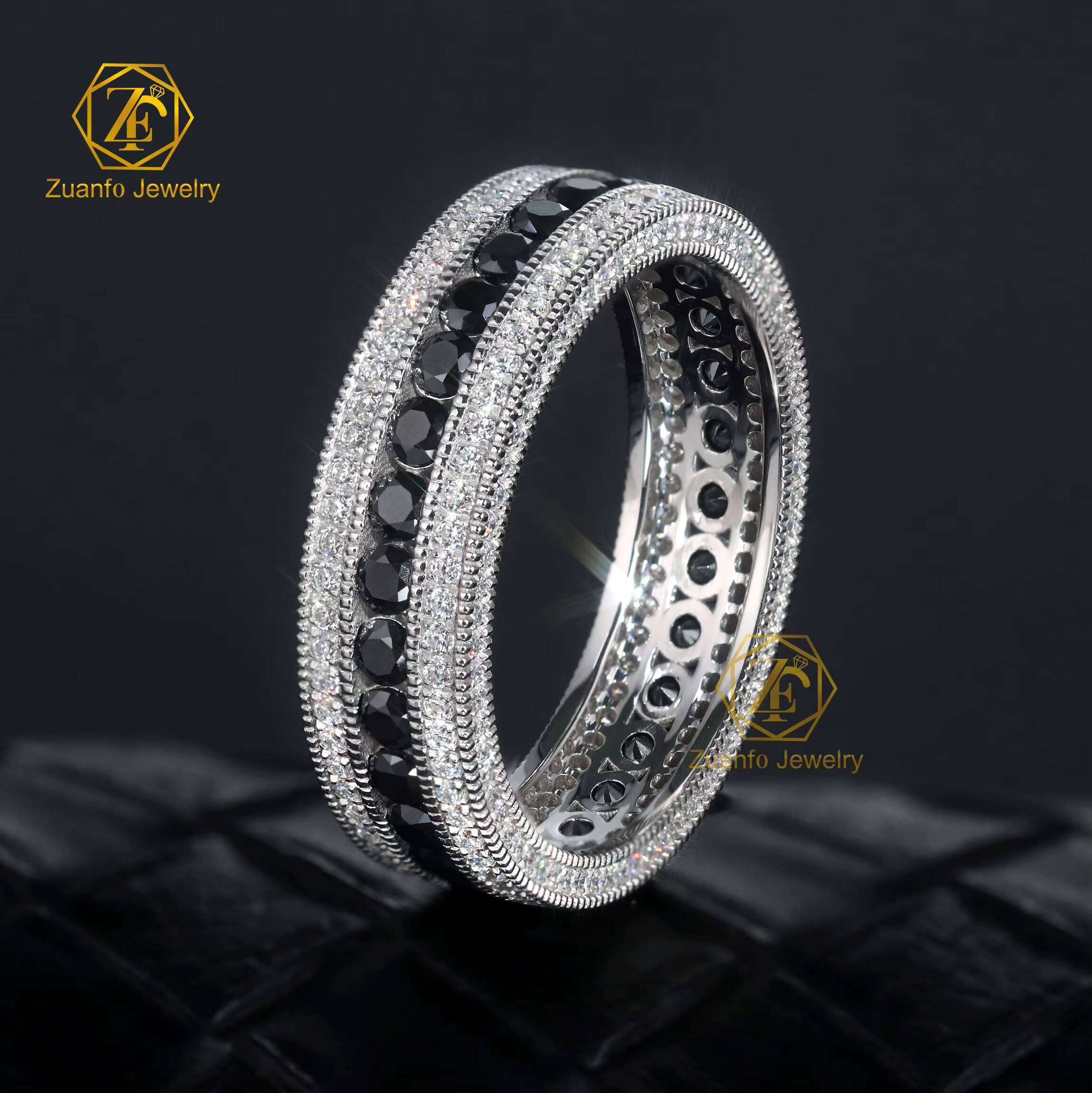 Hip Hop Eternity Band Ring 10K 14K White Gold VVS Round Shape White Black Moissanite Diamond Ring for Men